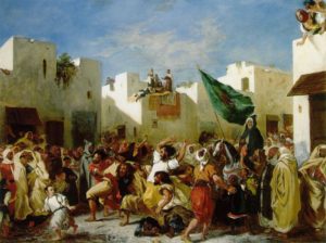 Eugene Delacroix's "Fanatics of Tangier" Public Domain due to age.